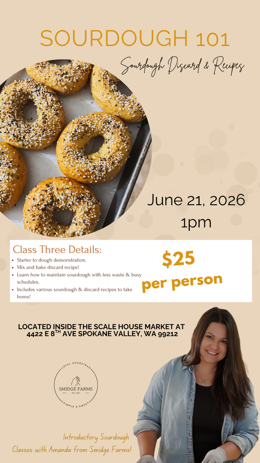 A tray of freshly baked everything-bagel-seasoned sourdough bagels, golden brown and seed-topped — used to promote the Sourdough Discard & Recipes class with Amanda from Smidge Farms at Scale House Market.