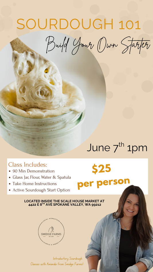 A bubbling sourdough starter being lifted from a glass jar with a wooden spoon, showing its airy, active texture — used to promote the Build Your Own Starter class with Amanda from Smidge Farms at Scale House Market.
