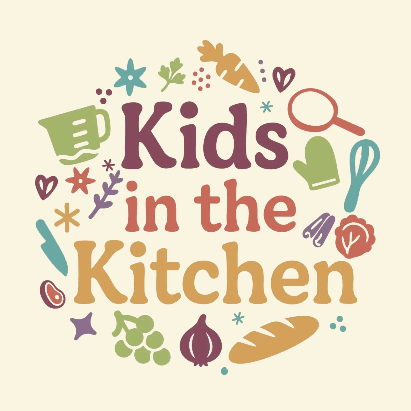 Colorful text 'Kids in the Kitchen' with kitchen-themed icons on a beige background